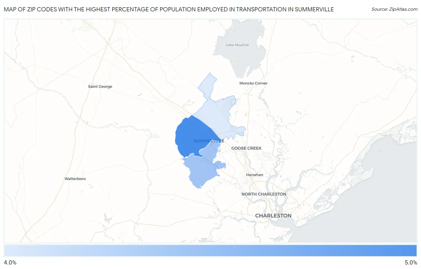 Zip Codes with the Highest Percentage of Population Employed in Transportation in Summerville Map