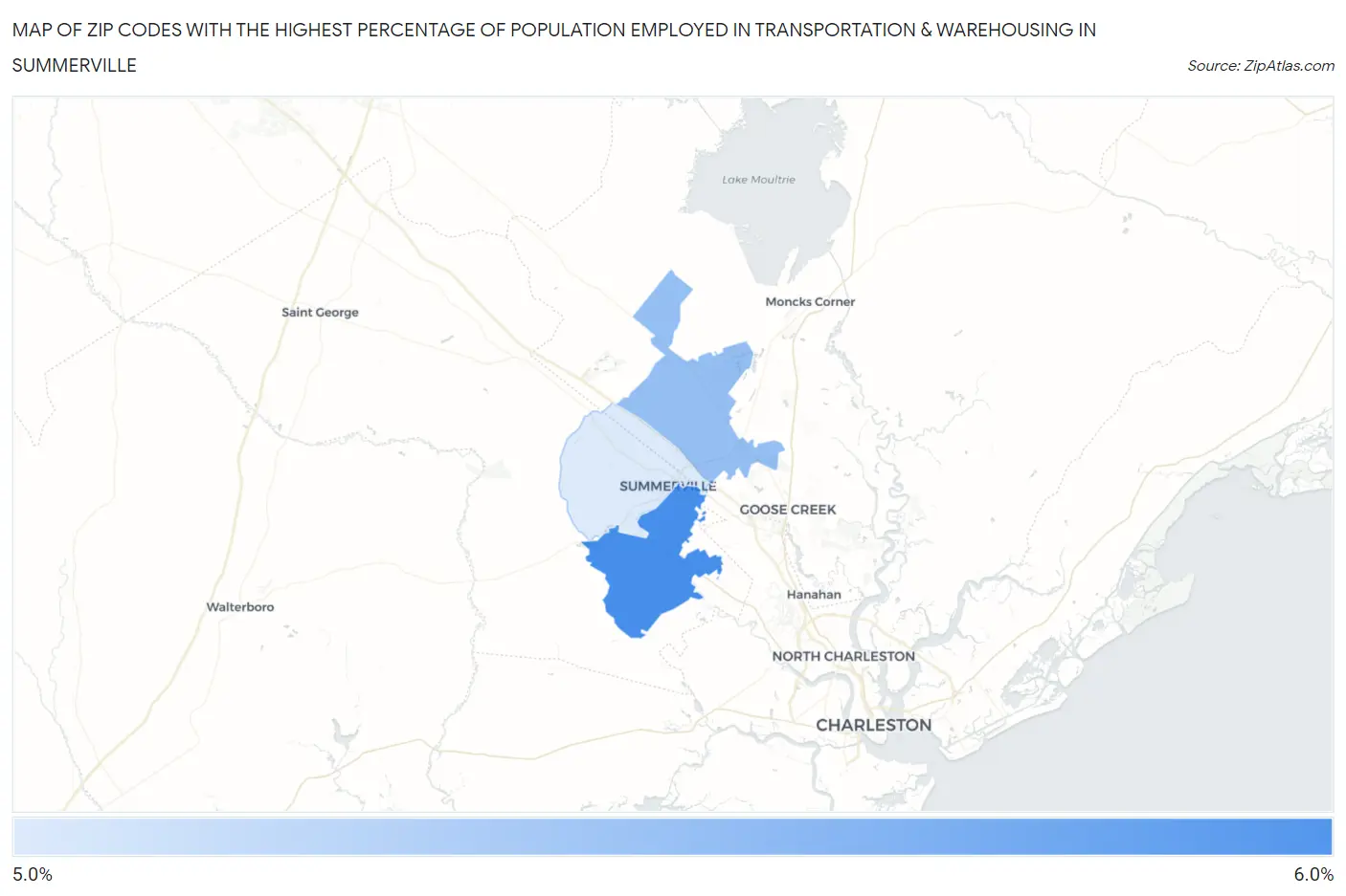 Zip Codes with the Highest Percentage of Population Employed in Transportation & Warehousing in Summerville Map