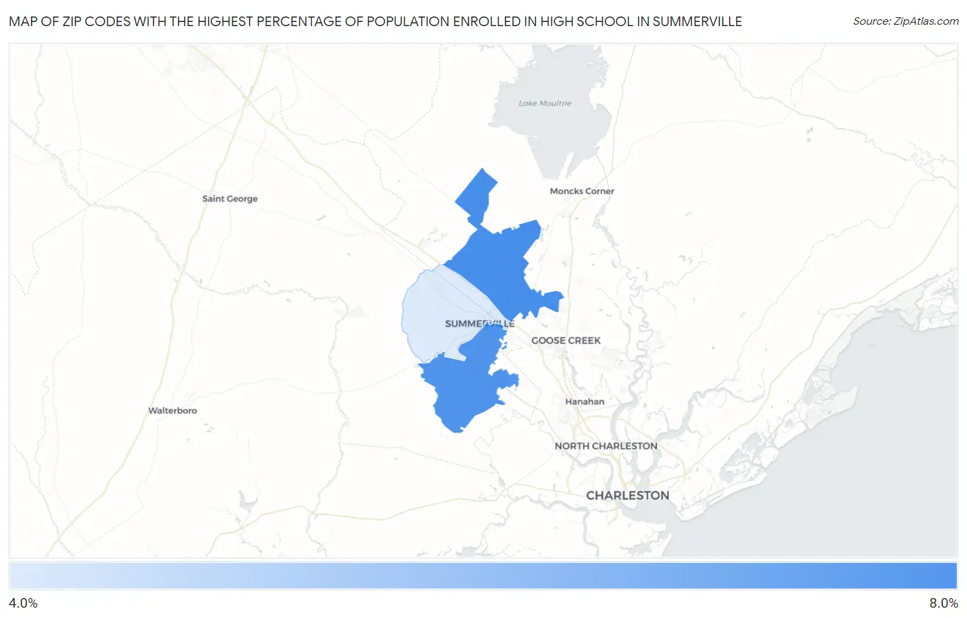 Zip Codes with the Highest Percentage of Population Enrolled in High School in Summerville Map