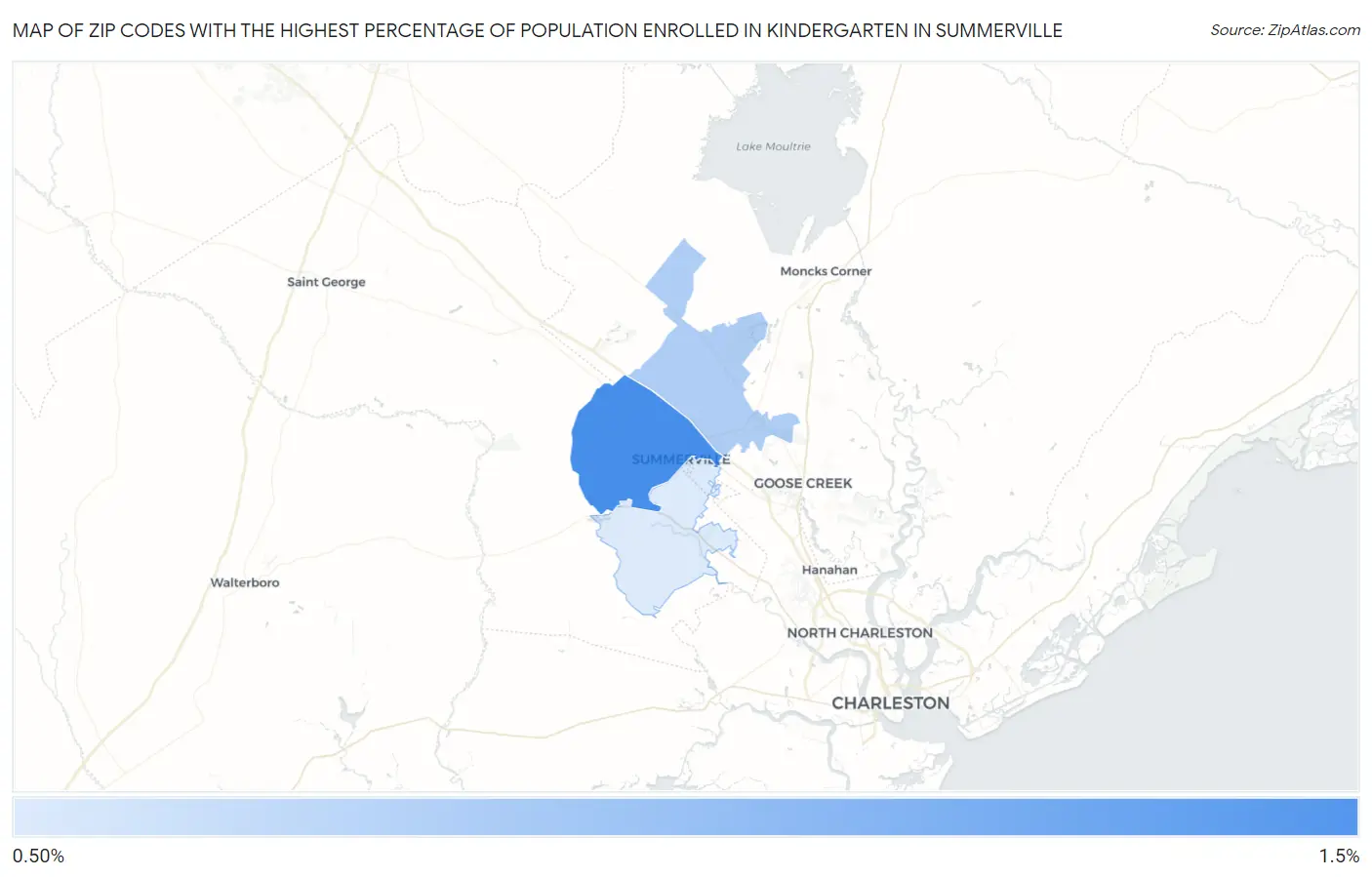 Zip Codes with the Highest Percentage of Population Enrolled in Kindergarten in Summerville Map