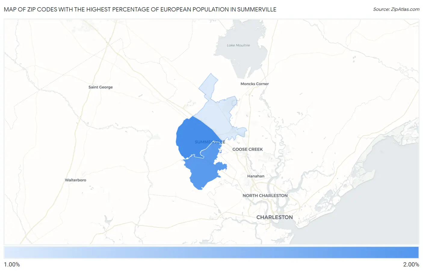 Zip Codes with the Highest Percentage of European Population in Summerville Map