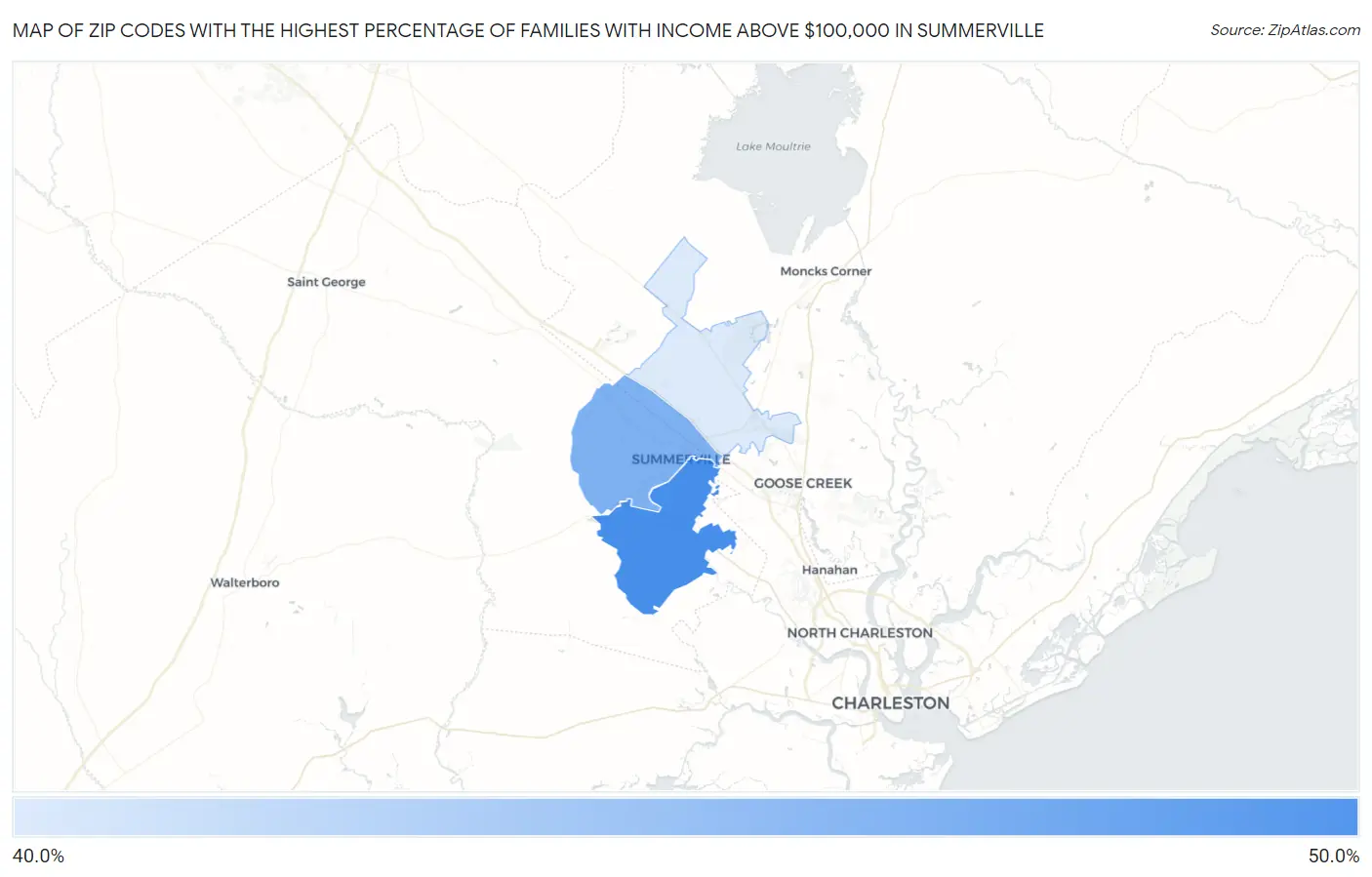 Zip Codes with the Highest Percentage of Families with Income Above $100,000 in Summerville Map