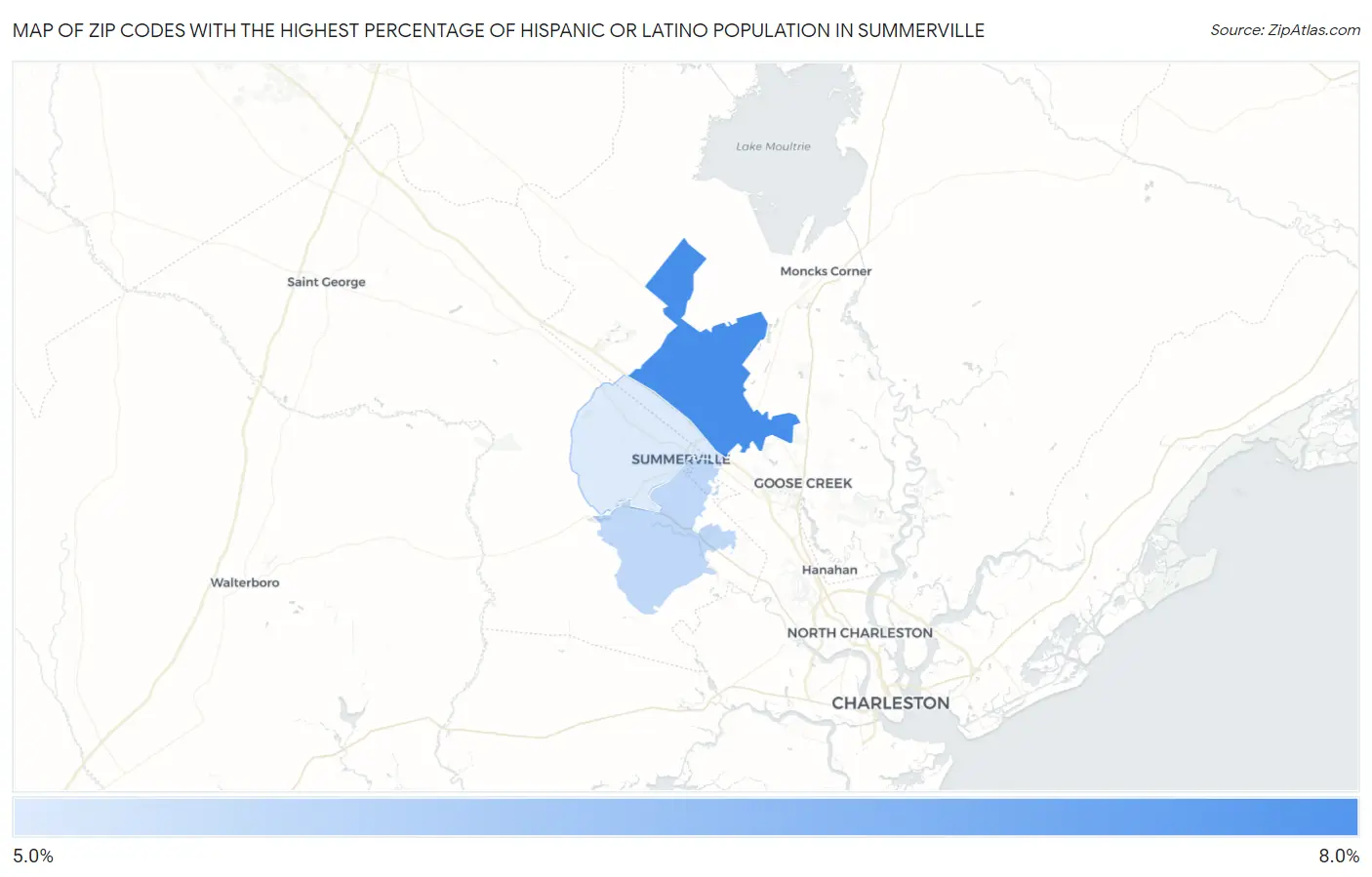 Zip Codes with the Highest Percentage of Hispanic or Latino Population in Summerville Map