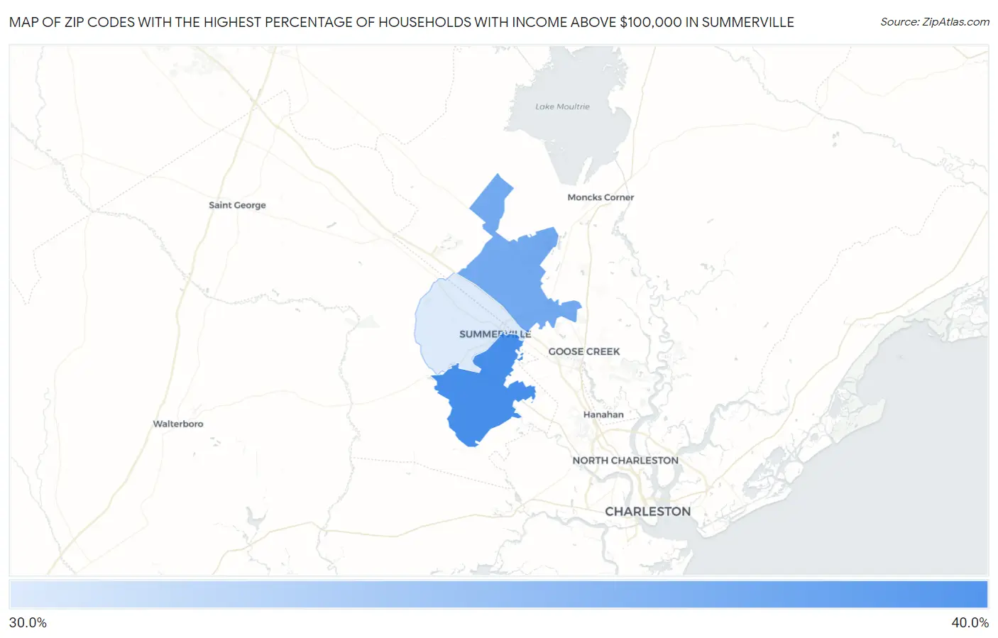 Zip Codes with the Highest Percentage of Households with Income Above $100,000 in Summerville Map