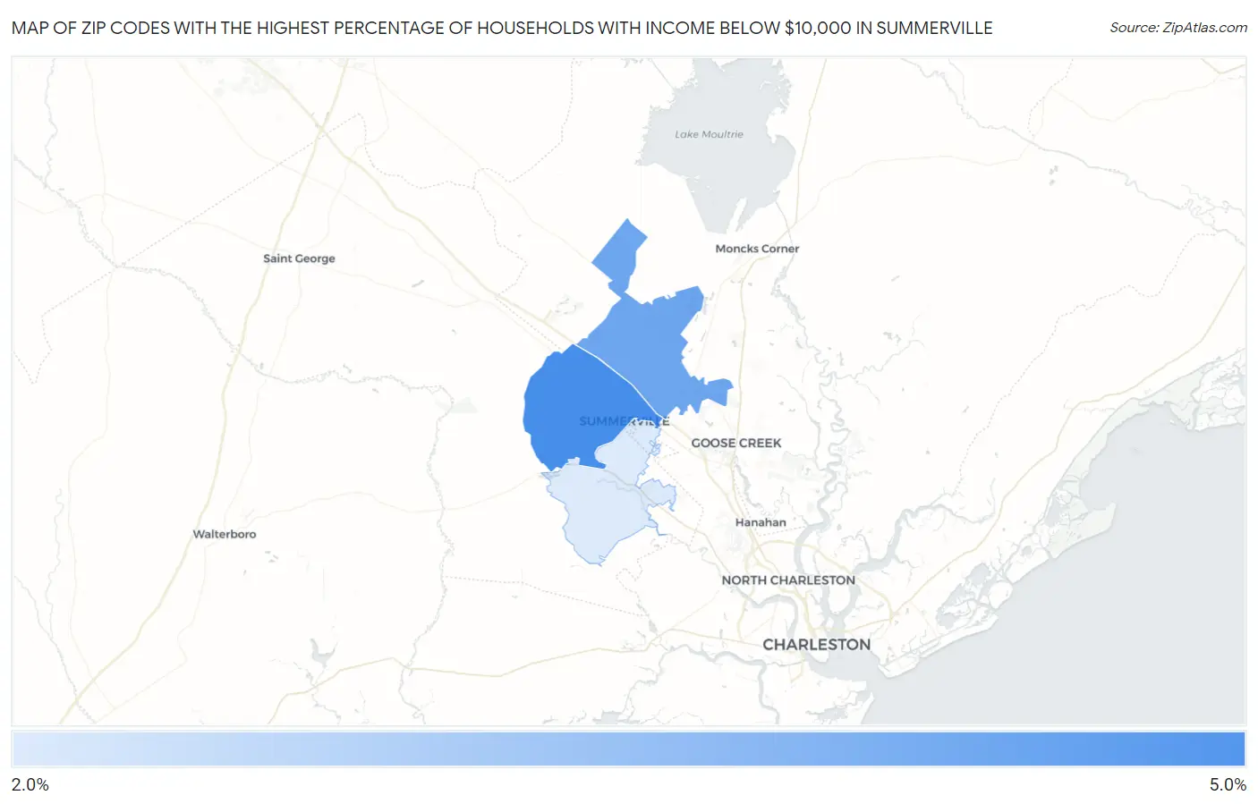Zip Codes with the Highest Percentage of Households with Income Below $10,000 in Summerville Map