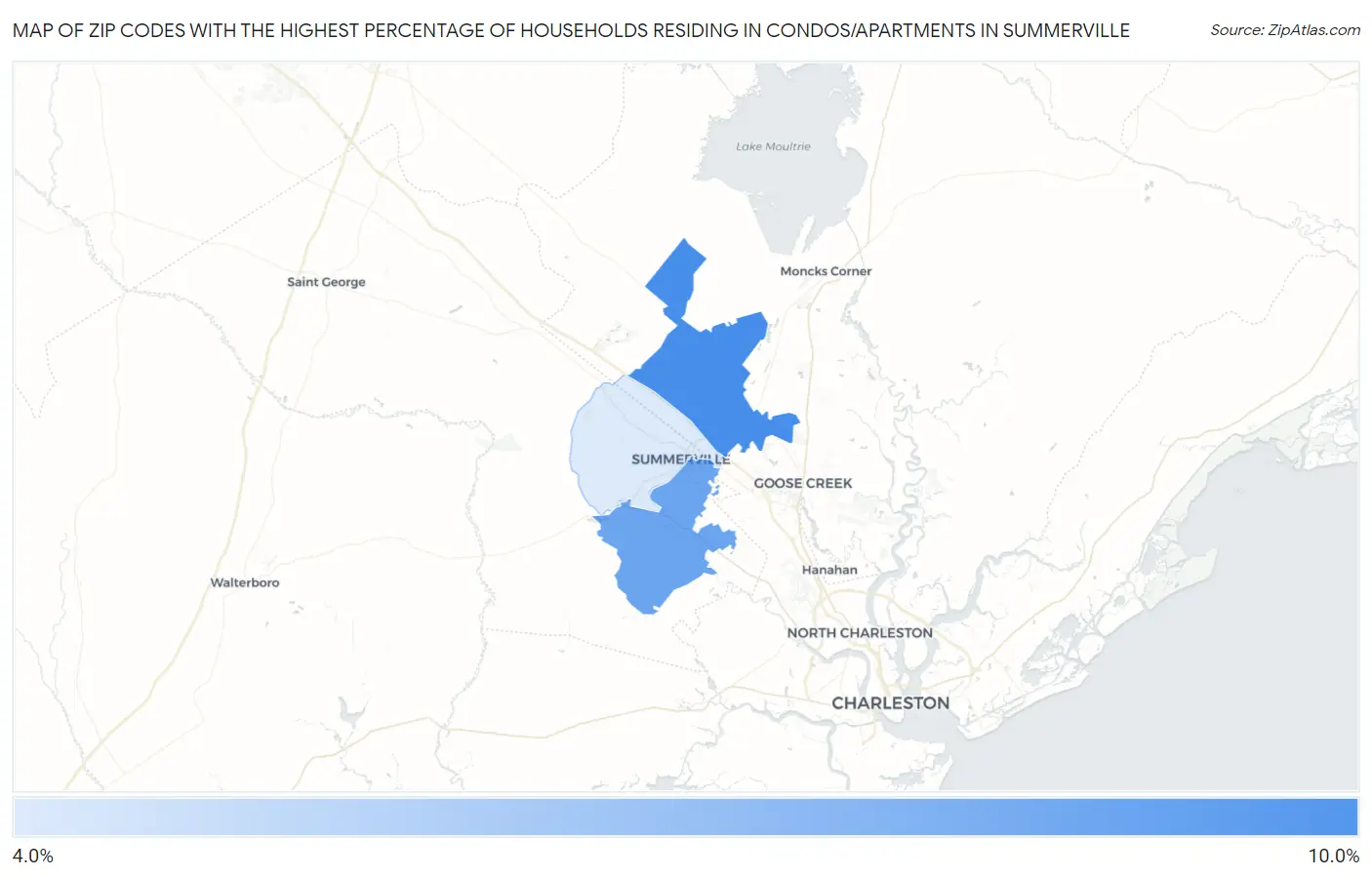 Zip Codes with the Highest Percentage of Households Residing in Condos/Apartments in Summerville Map