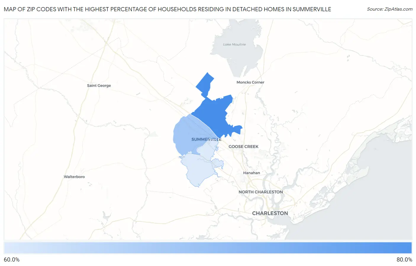 Zip Codes with the Highest Percentage of Households Residing in Detached Homes in Summerville Map