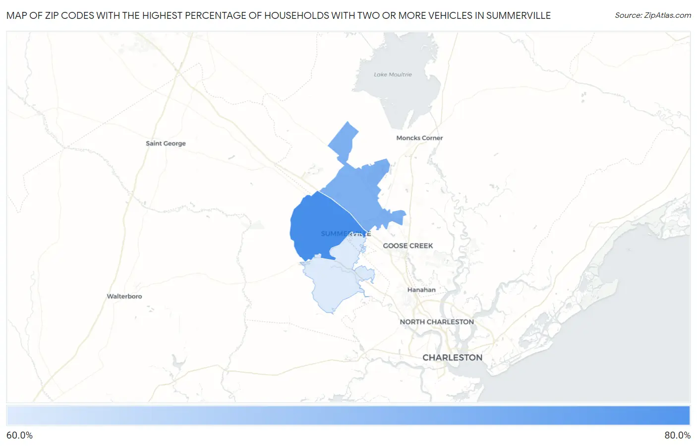 Zip Codes with the Highest Percentage of Households With Two or more Vehicles in Summerville Map