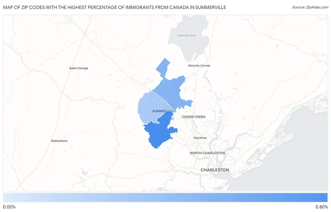 Zip Codes with the Highest Percentage of Immigrants from Canada in Summerville Map