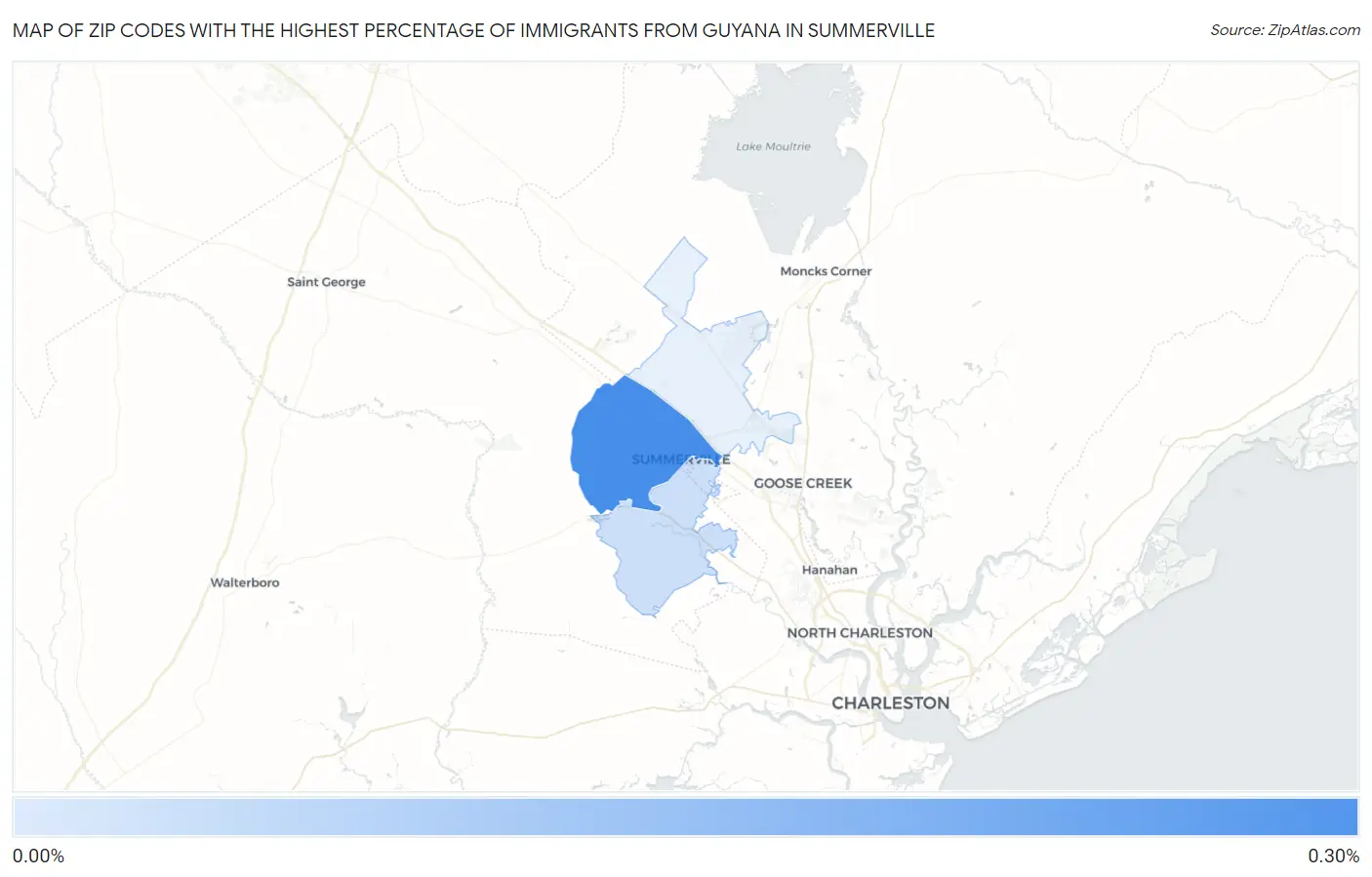 Zip Codes with the Highest Percentage of Immigrants from Guyana in Summerville Map