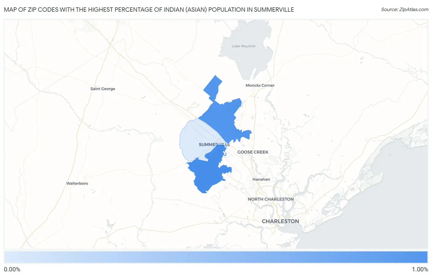 Zip Codes with the Highest Percentage of Indian (Asian) Population in Summerville Map