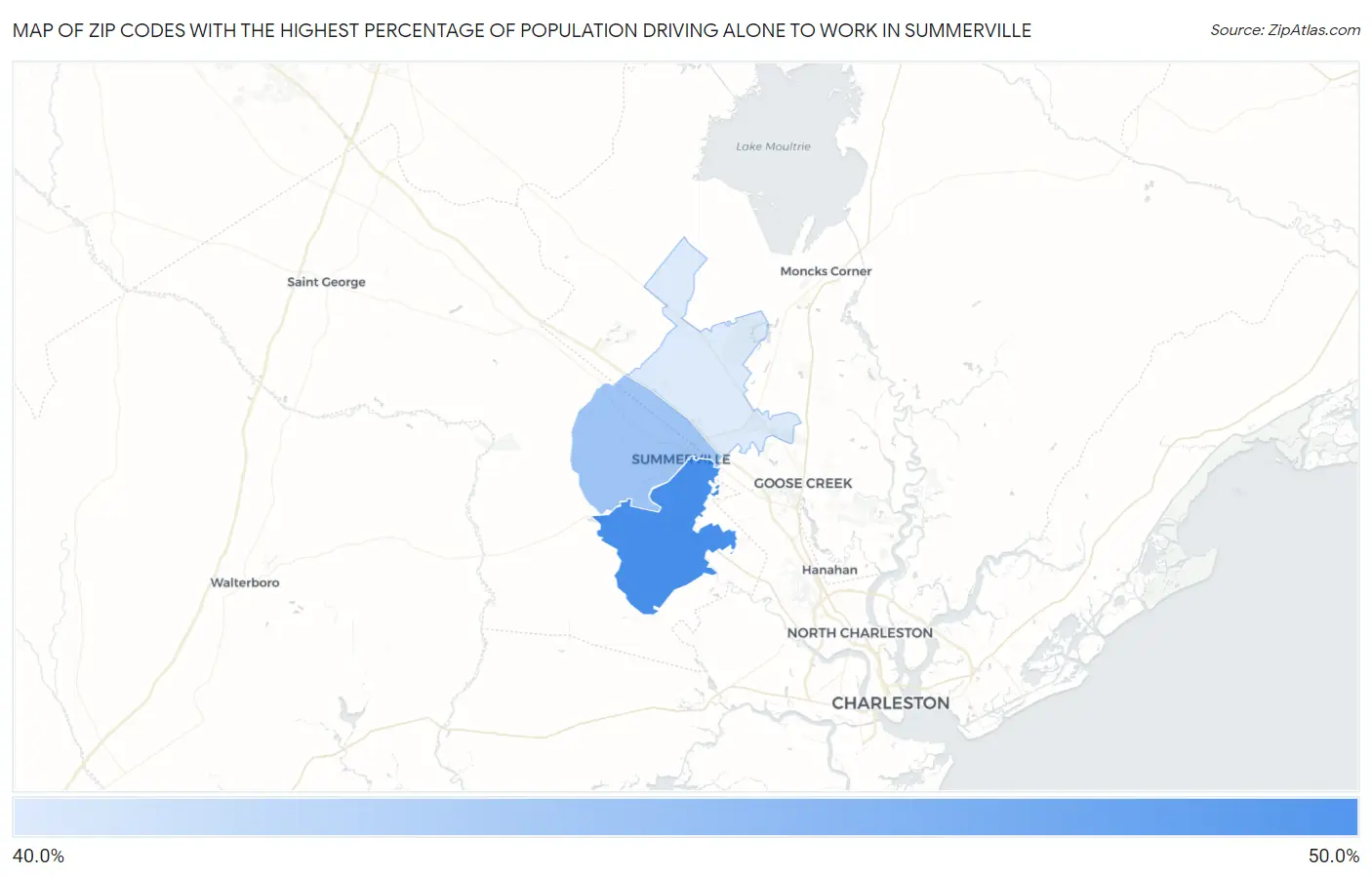 Zip Codes with the Highest Percentage of Population Driving Alone to Work in Summerville Map