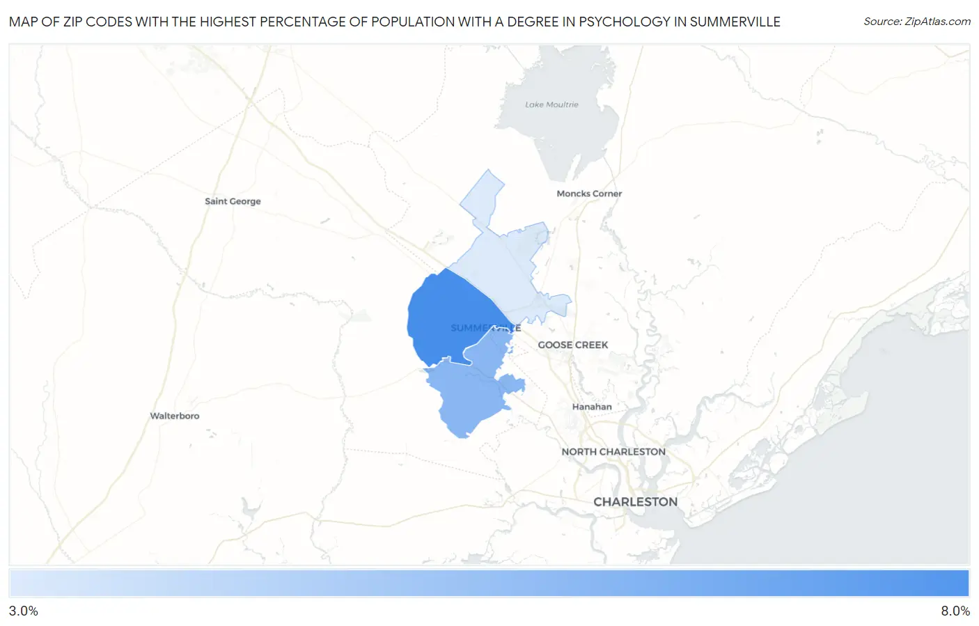 Zip Codes with the Highest Percentage of Population with a Degree in Psychology in Summerville Map