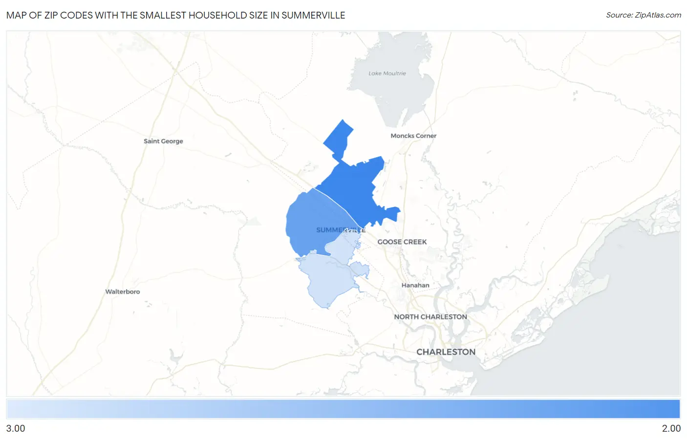 Zip Codes with the Smallest Household Size in Summerville Map