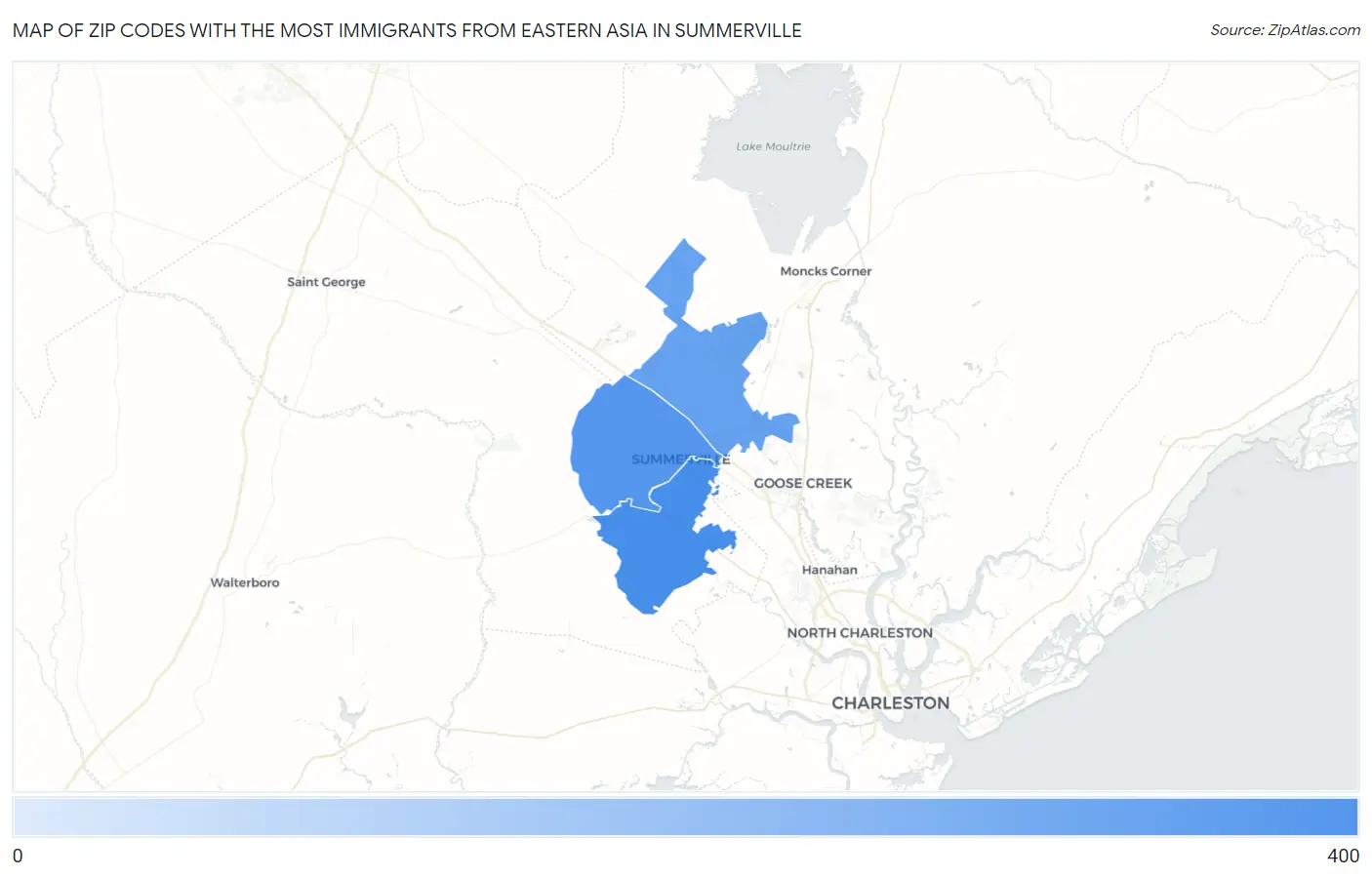 Zip Codes with the Most Immigrants from Eastern Asia in Summerville Map