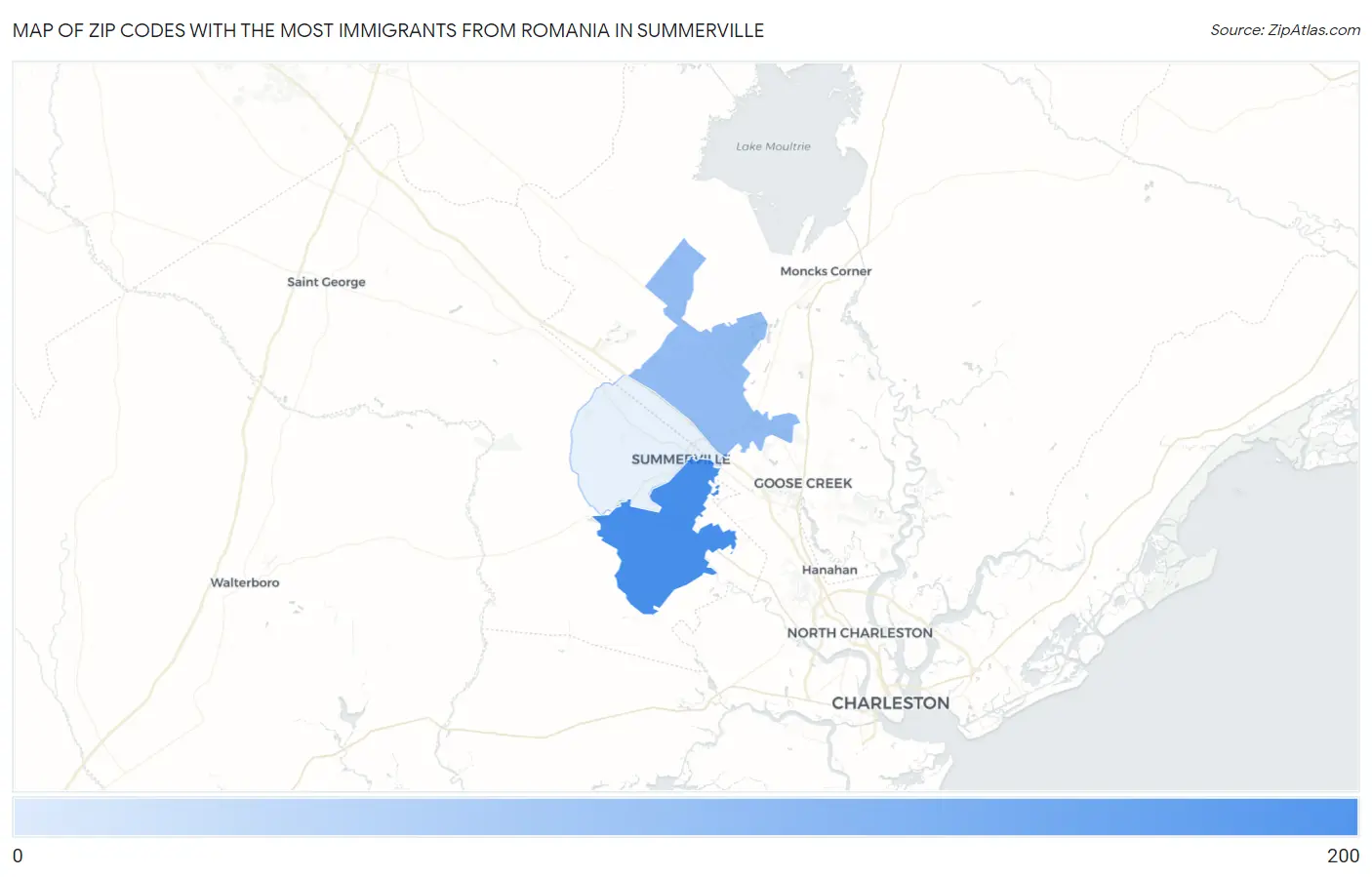 Zip Codes with the Most Immigrants from Romania in Summerville Map