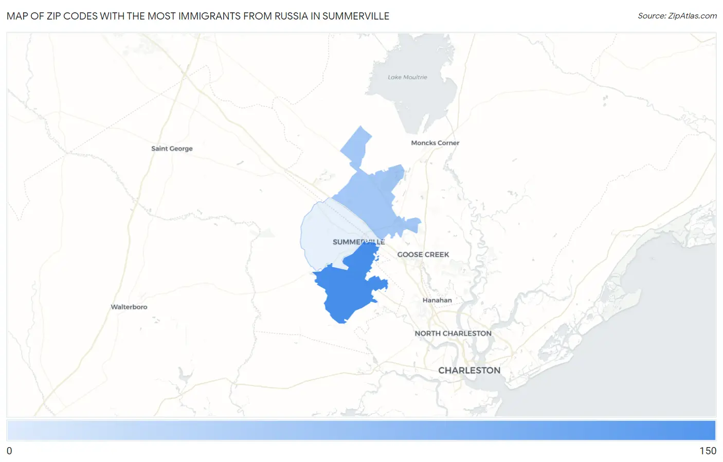 Zip Codes with the Most Immigrants from Russia in Summerville Map