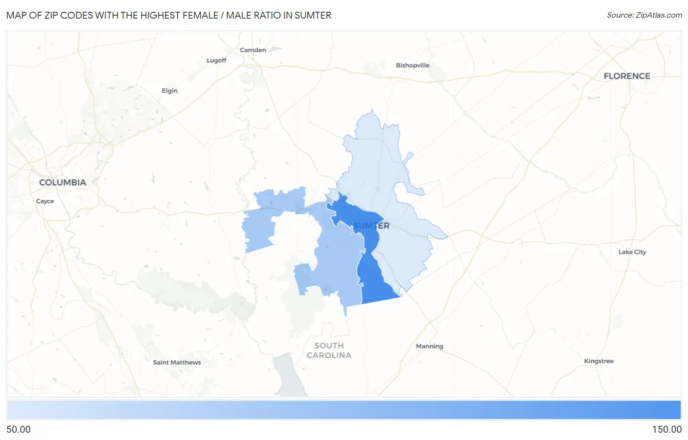 Zip Codes with the Highest Female / Male Ratio in Sumter Map