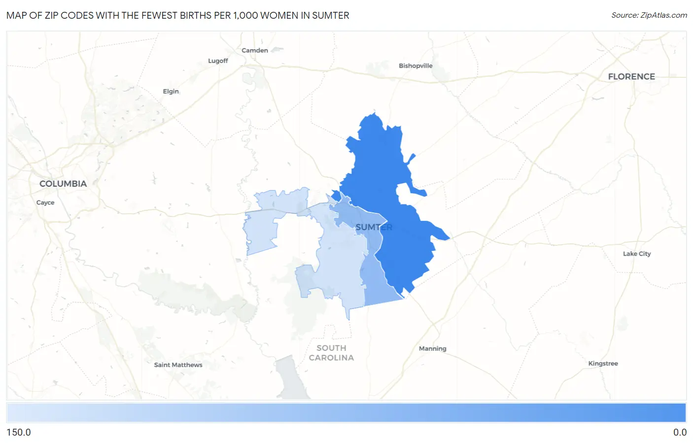 Zip Codes with the Fewest Births per 1,000 Women in Sumter Map