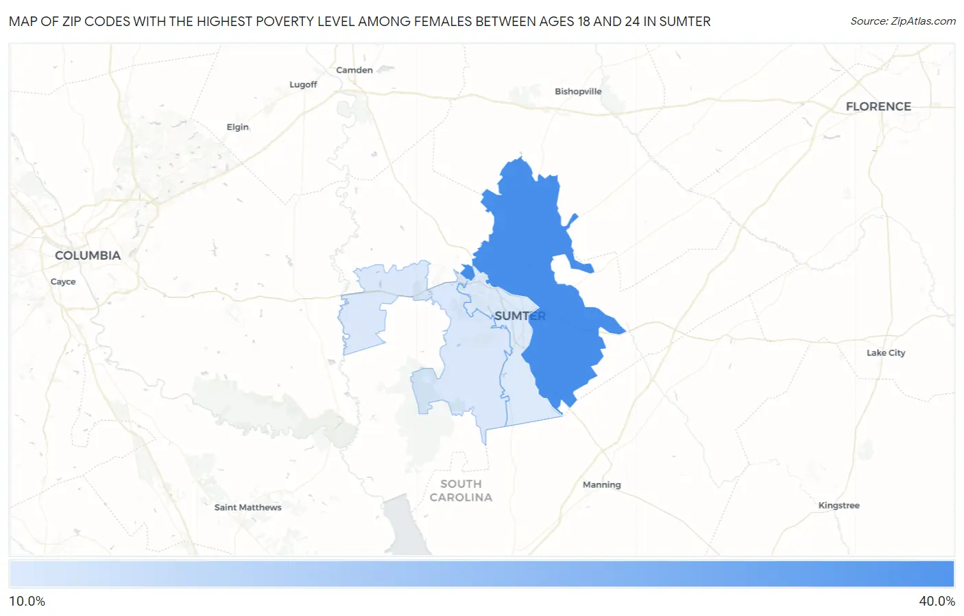 Zip Codes with the Highest Poverty Level Among Females Between Ages 18 and 24 in Sumter Map