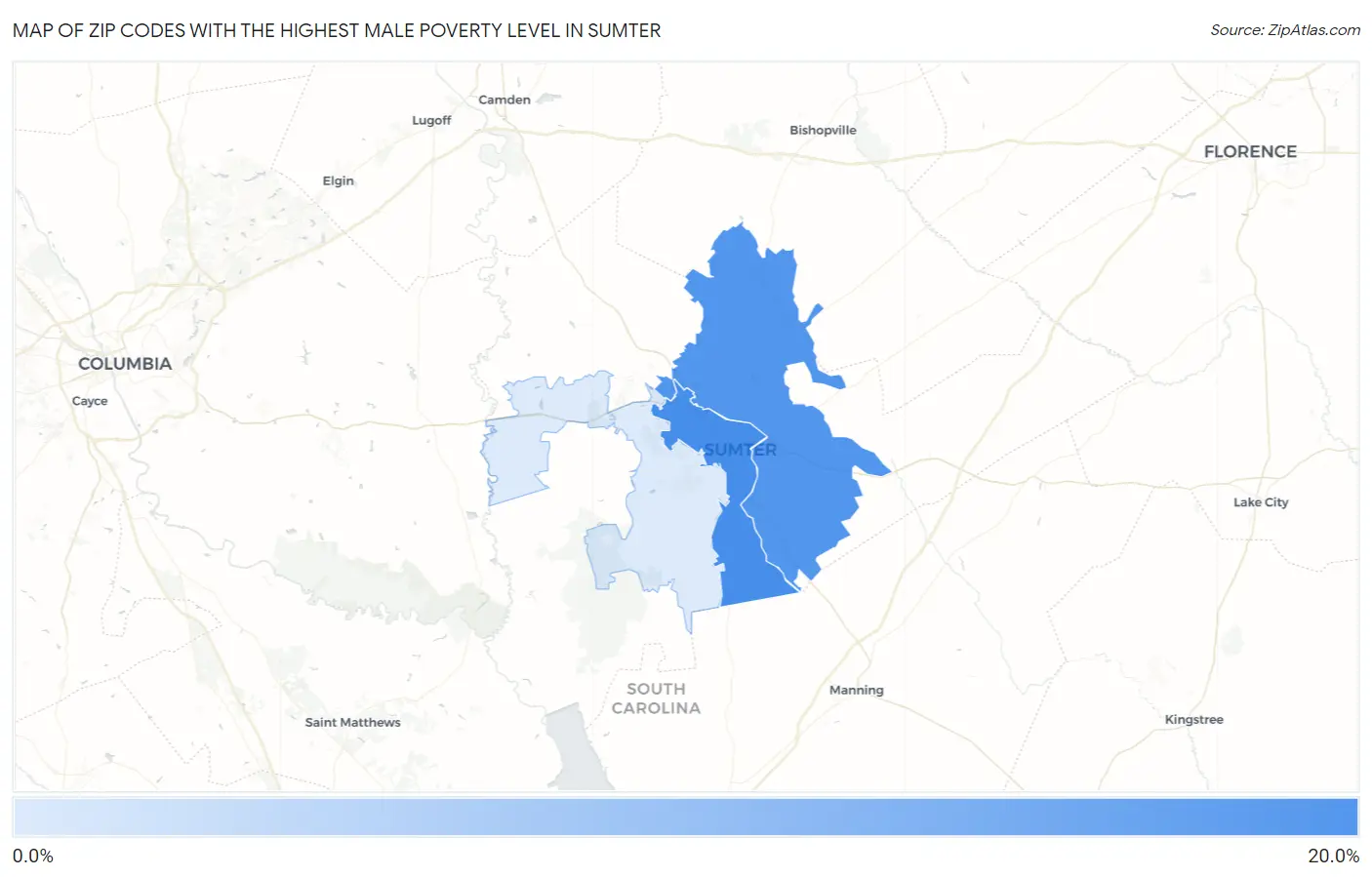 Zip Codes with the Highest Male Poverty Level in Sumter Map