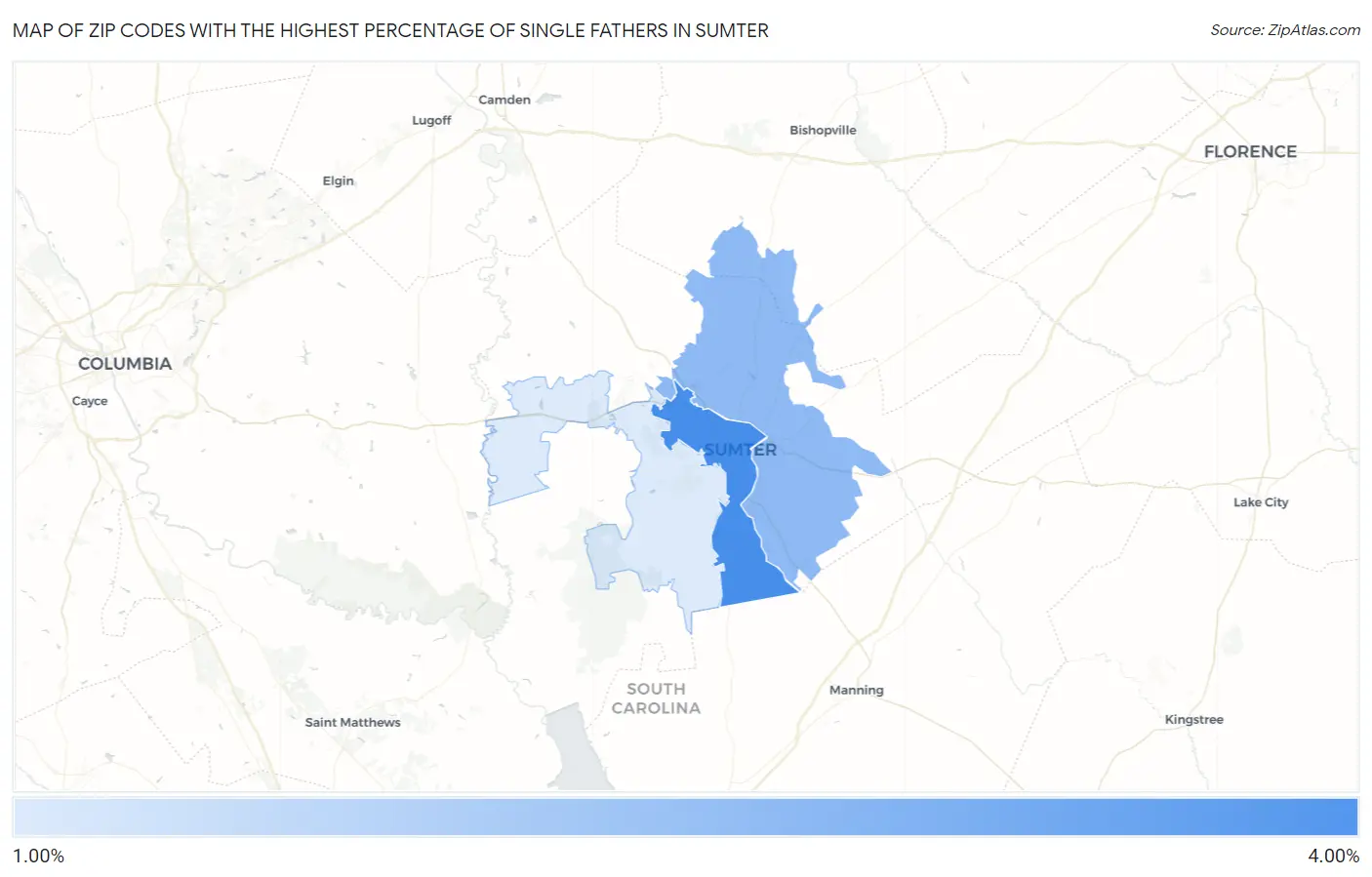 Zip Codes with the Highest Percentage of Single Fathers in Sumter Map