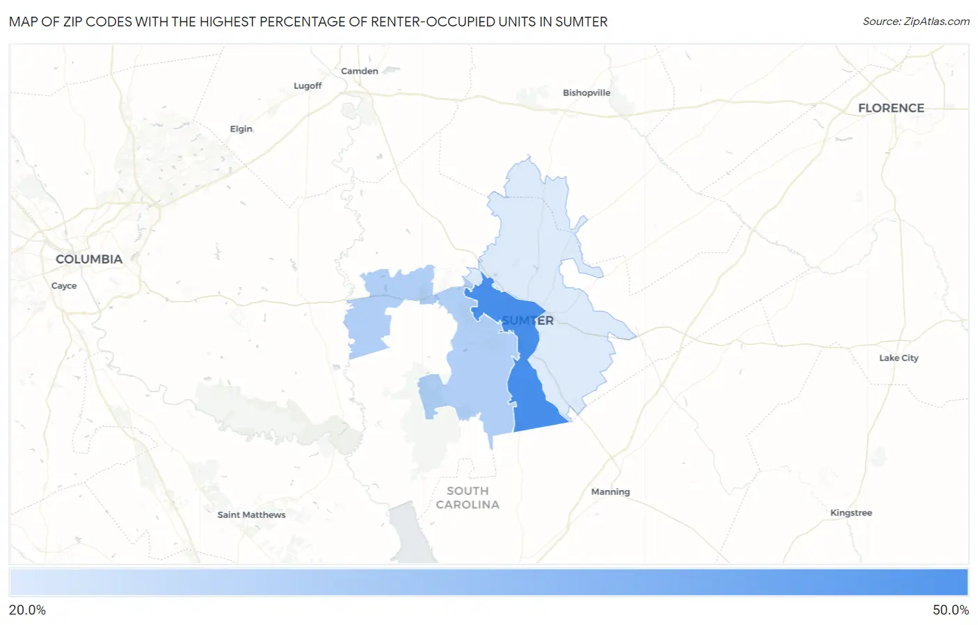 Zip Codes with the Highest Percentage of Renter-Occupied Units in Sumter Map