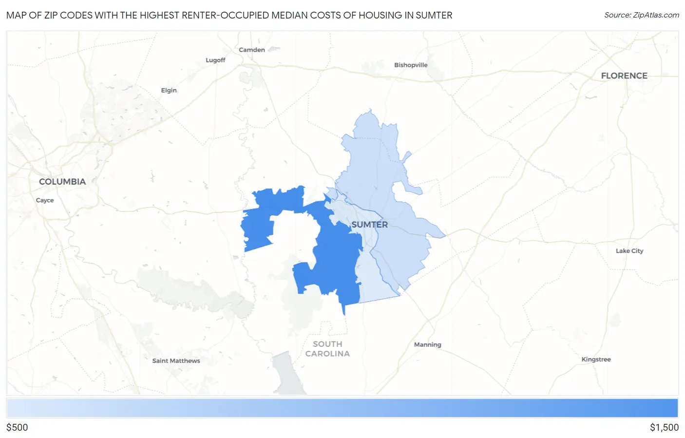 Zip Codes with the Highest Renter-Occupied Median Costs of Housing in Sumter Map