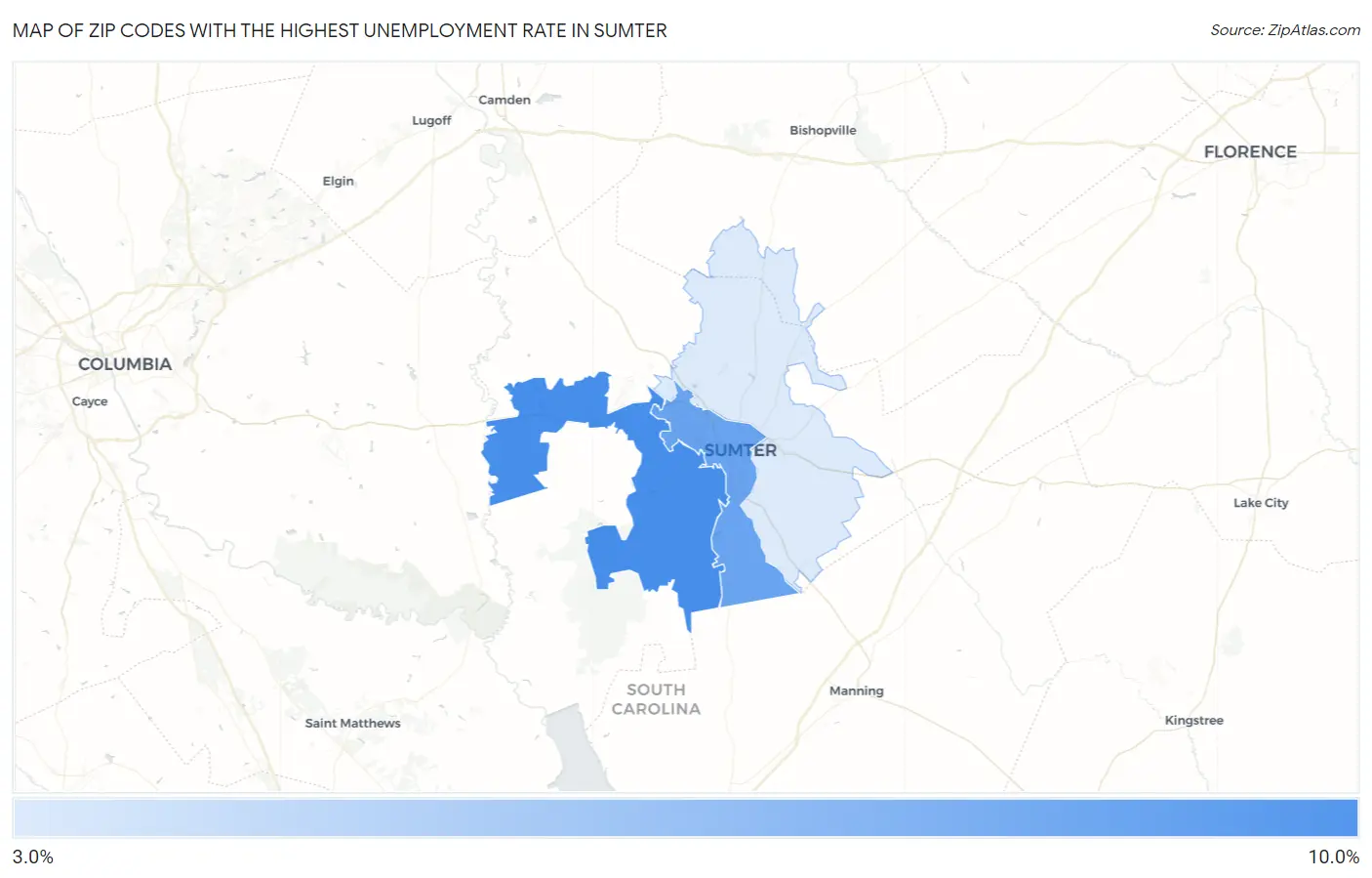 Zip Codes with the Highest Unemployment Rate in Sumter Map