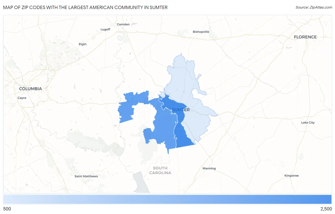 Zip Codes with the Largest American Community in Sumter Map