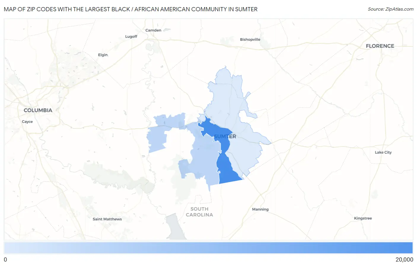 Zip Codes with the Largest Black / African American Community in Sumter Map