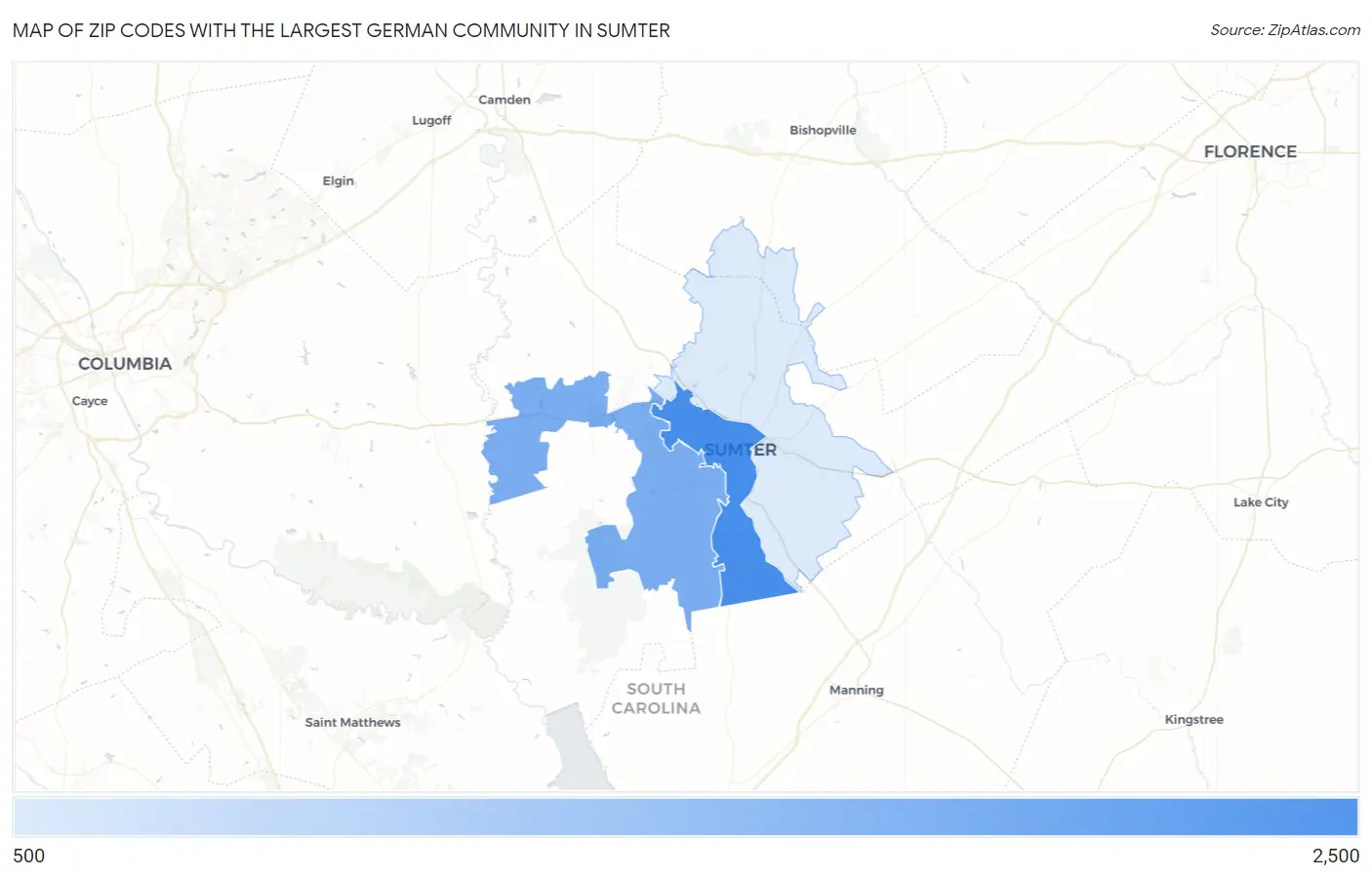 Zip Codes with the Largest German Community in Sumter Map