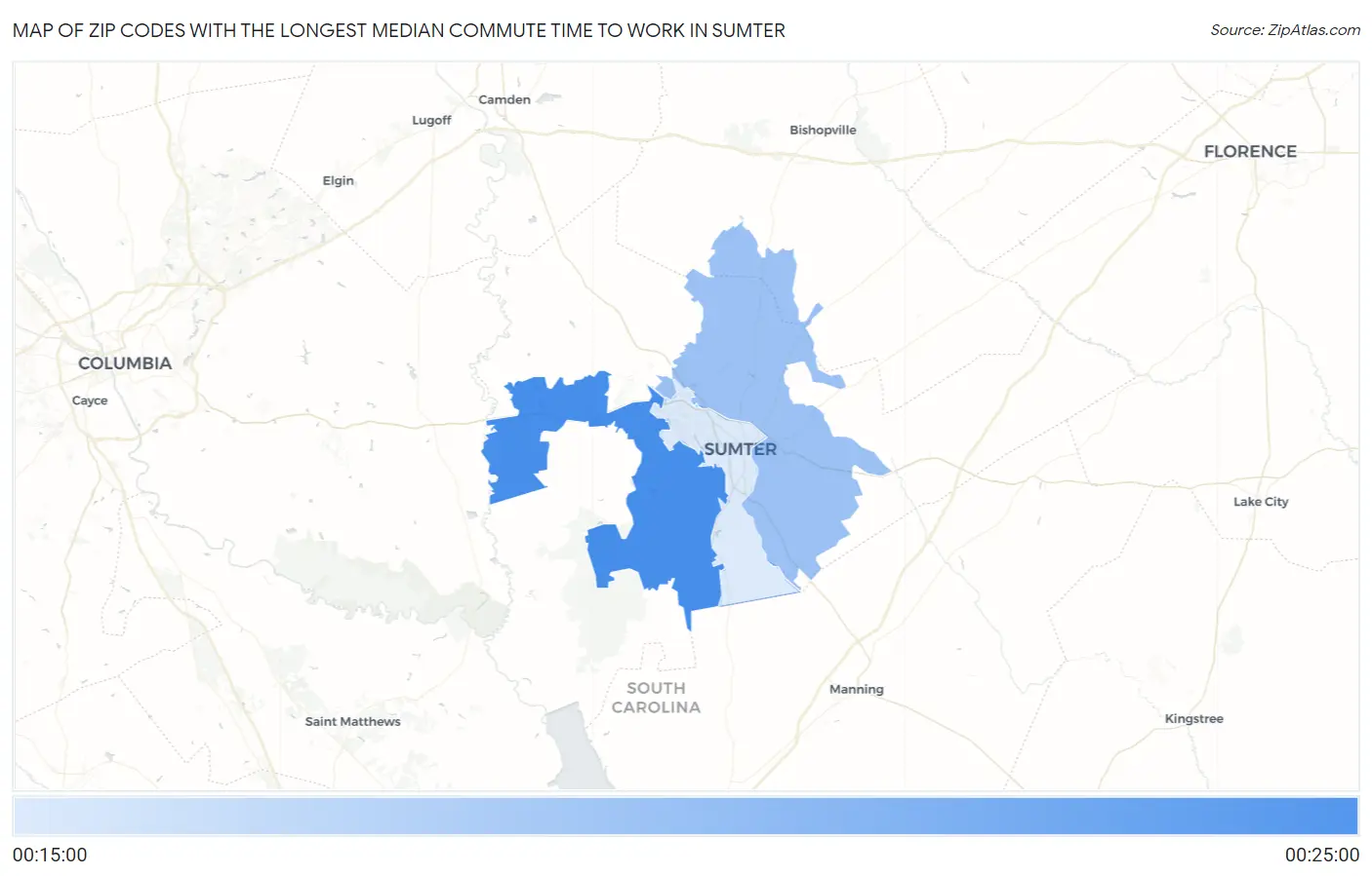 Zip Codes with the Longest Median Commute Time to Work in Sumter Map