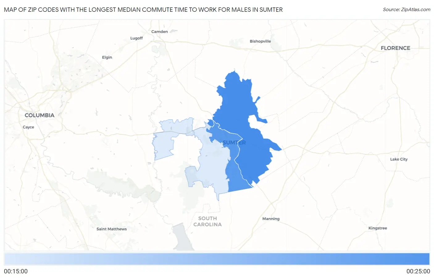 Zip Codes with the Longest Median Commute Time to Work for Males in Sumter Map