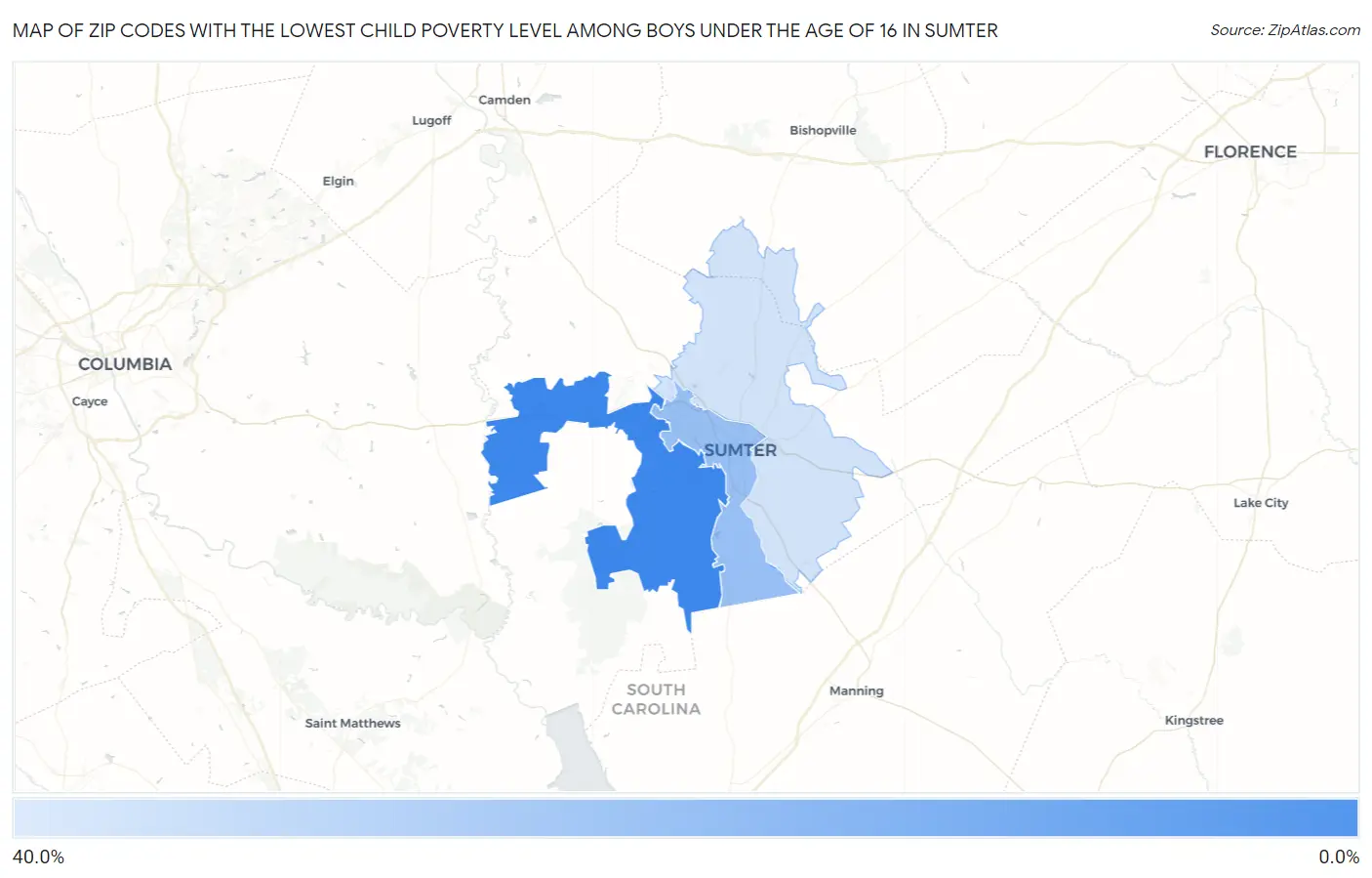 Zip Codes with the Lowest Child Poverty Level Among Boys Under the Age of 16 in Sumter Map
