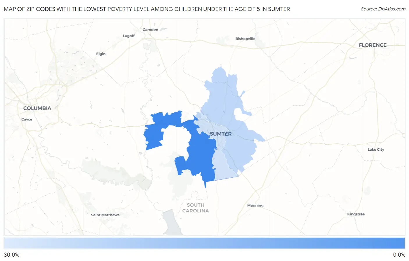 Zip Codes with the Lowest Poverty Level Among Children Under the Age of 5 in Sumter Map