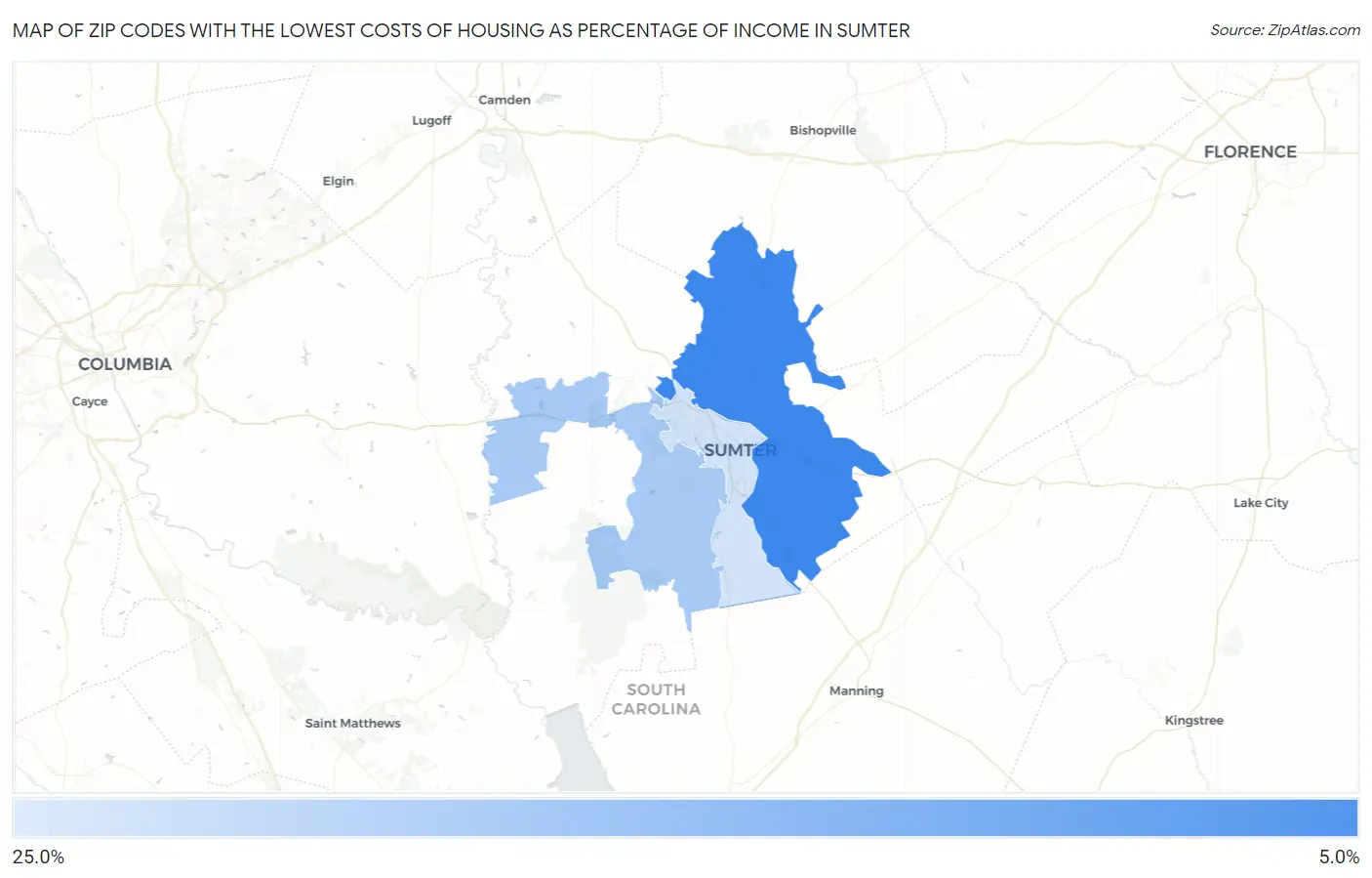 Zip Codes with the Lowest Costs of Housing as Percentage of Income in Sumter Map