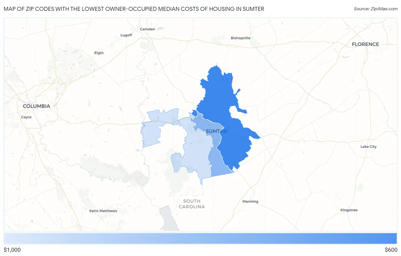 Zip Codes with the Lowest Owner-Occupied Median Costs of Housing in Sumter Map