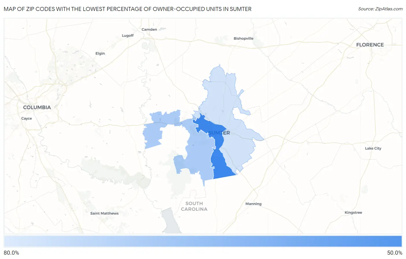 Zip Codes with the Lowest Percentage of Owner-Occupied Units in Sumter Map