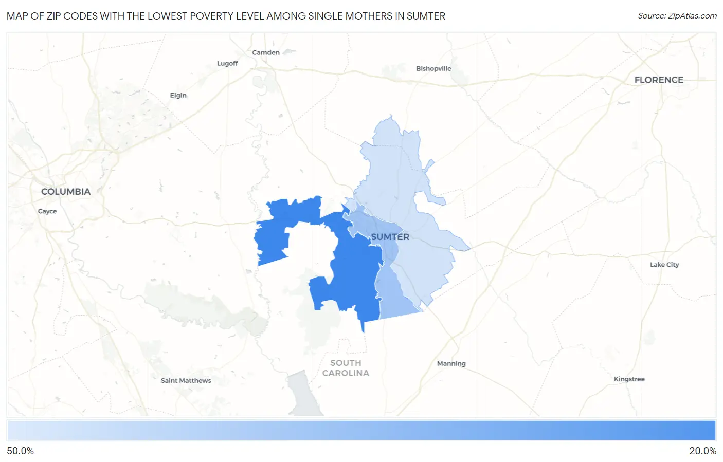 Zip Codes with the Lowest Poverty Level Among Single Mothers in Sumter Map