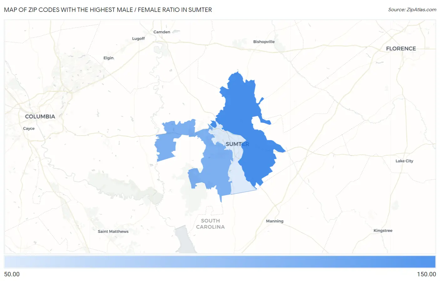 Zip Codes with the Highest Male / Female Ratio in Sumter Map