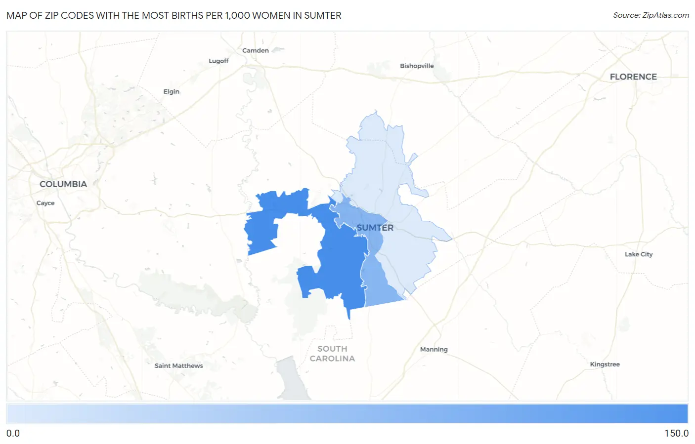 Zip Codes with the Most Births per 1,000 Women in Sumter Map