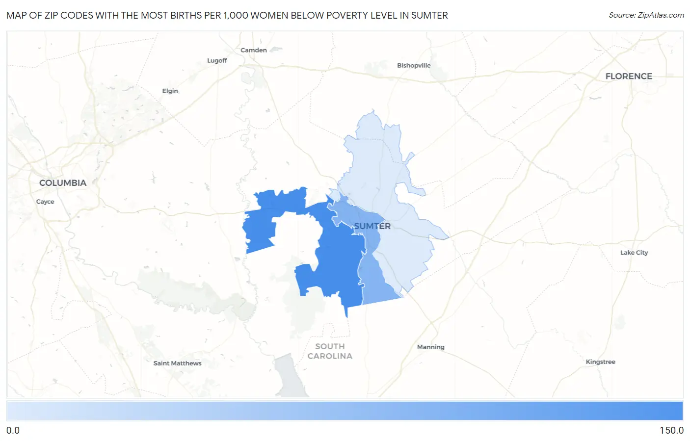 Zip Codes with the Most Births per 1,000 Women Below Poverty Level in Sumter Map