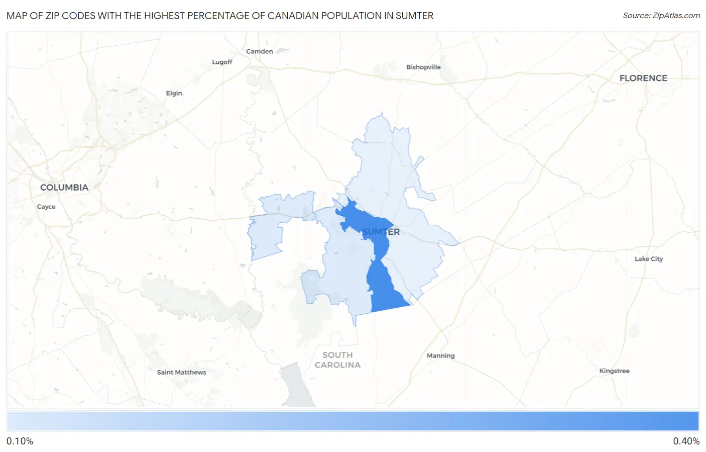 Zip Codes with the Highest Percentage of Canadian Population in Sumter Map