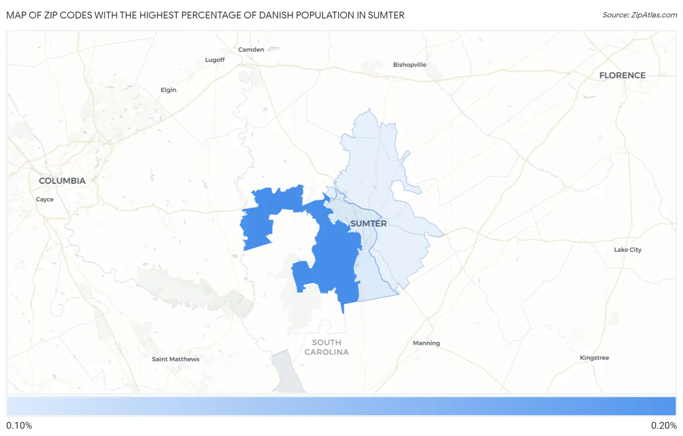Zip Codes with the Highest Percentage of Danish Population in Sumter Map