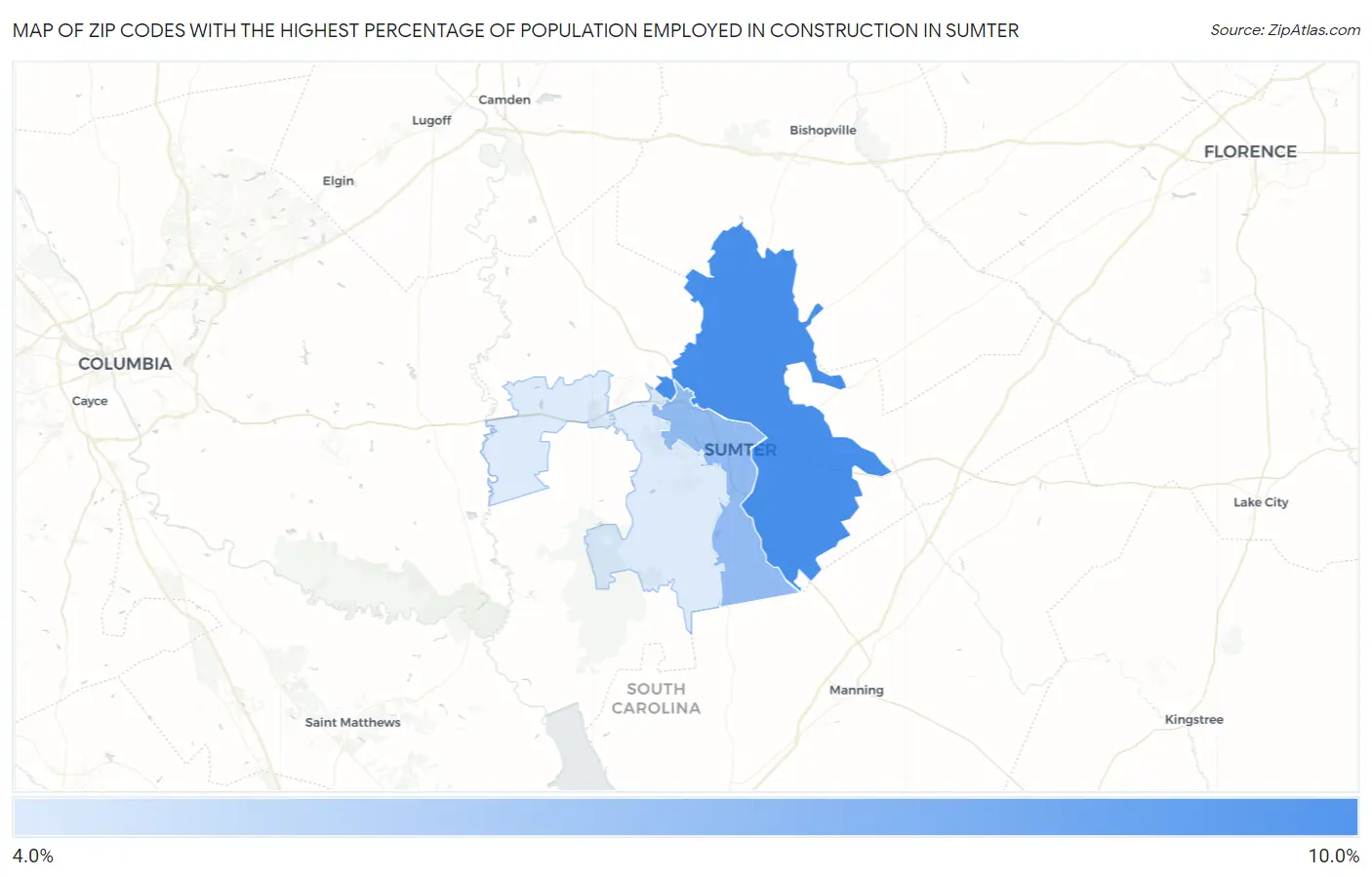 Zip Codes with the Highest Percentage of Population Employed in Construction in Sumter Map