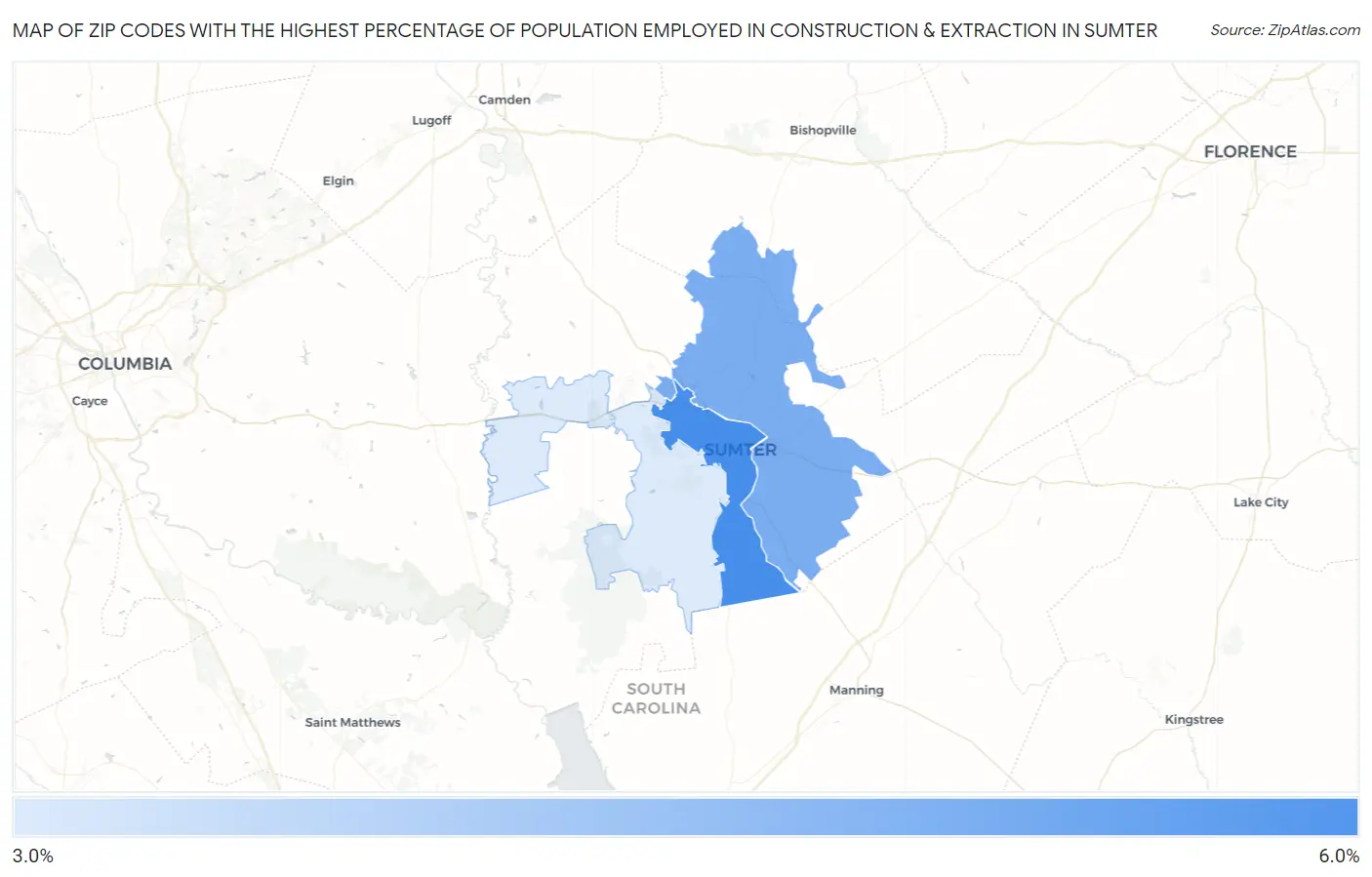 Zip Codes with the Highest Percentage of Population Employed in Construction & Extraction in Sumter Map