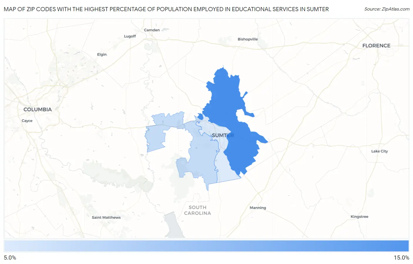 Zip Codes with the Highest Percentage of Population Employed in Educational Services in Sumter Map
