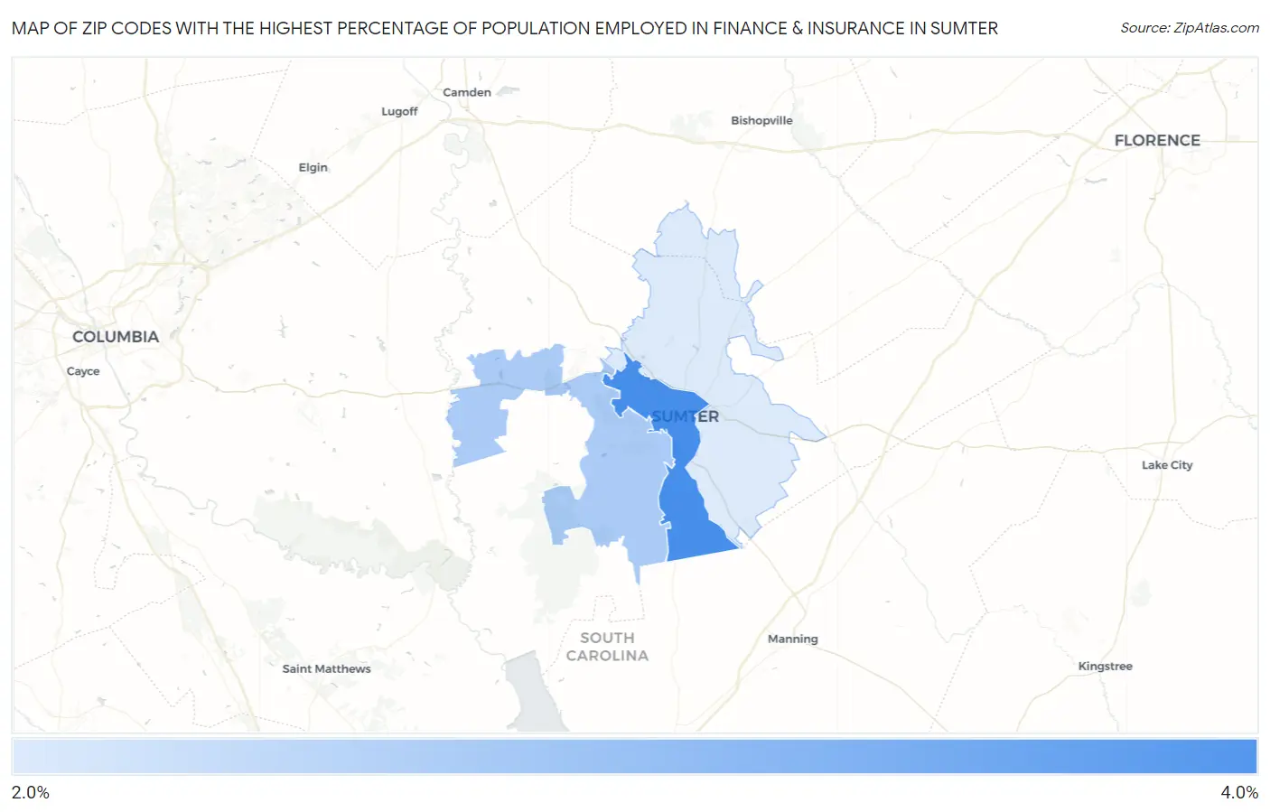 Zip Codes with the Highest Percentage of Population Employed in Finance & Insurance in Sumter Map