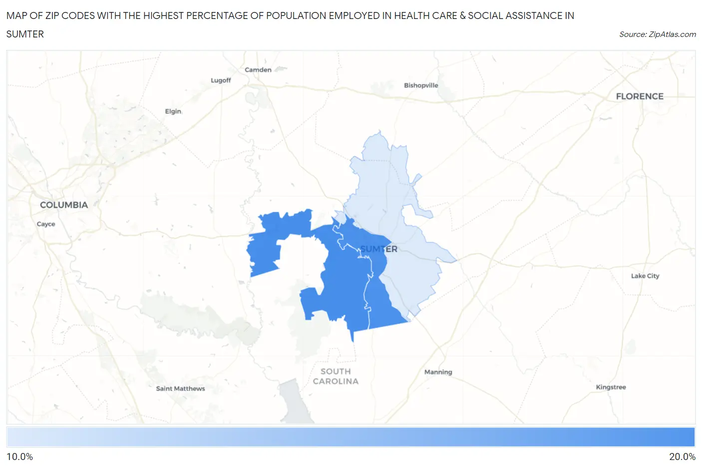 Zip Codes with the Highest Percentage of Population Employed in Health Care & Social Assistance in Sumter Map
